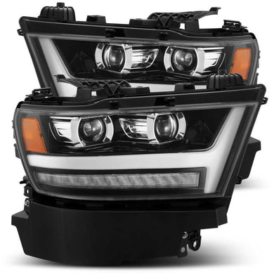 AlphaRex 19-20 Dodge Ram 1500 LUXX LED Proj Headlights Plank Jet Blk w/Activ Light/Seq Signal/DRL