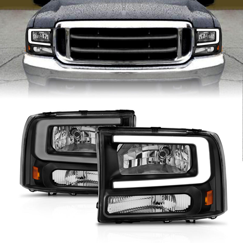 ANZO 99-04 Ford F250/F350/F450/Excursion (excl. 99) Crystal Headlights - w/ Light Bar Black Housing