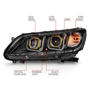 ANZO 2013-2015 Honda Accord Projector Headlights w/ U-Bar Black