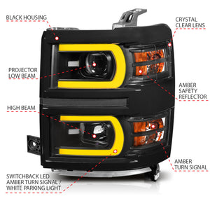 ANZO 14-15 Chevrolet Silverado 1500 Projector Headlights w/ Plank Style Switchback Black w/ Amber