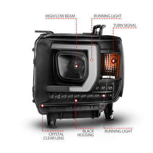 ANZO 2014-2015 Gmc Sierra 1500HD Projector Plank Style Headlight Black W/ Drl