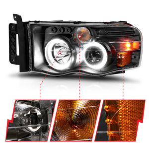 ANZO 2002-2005 Dodge Ram 1500 Projector Headlights w/ Halo Black Clear Amber