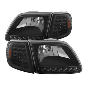 Xtune Ford F150 97-03 Crystal Headlights w/ Clear LED Corners Black HD-ON-FF15097-LED-SET-BK