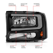 Load image into Gallery viewer, ANZO 99-04 Ford F250/F350/F450/Excursion (excl. 99) Crystal Headlights - w/ Light Bar Black Housing